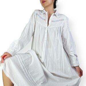 Vtg La Cera White Cotton Embroidered Prairie Cottagecore Dress Size S